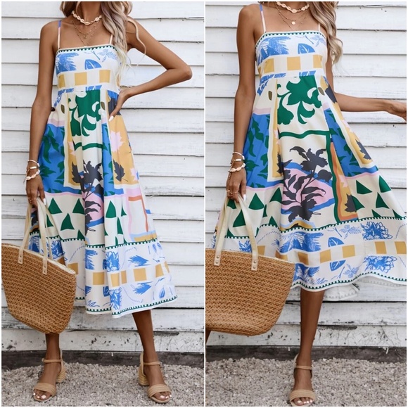 019 Boho Tropical Geo Print Smocked Cami Sun Dress - Picture 5 of 6